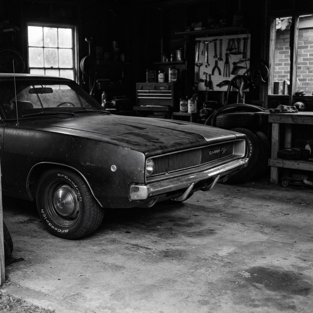 A classic car under restoration in a home workshop
