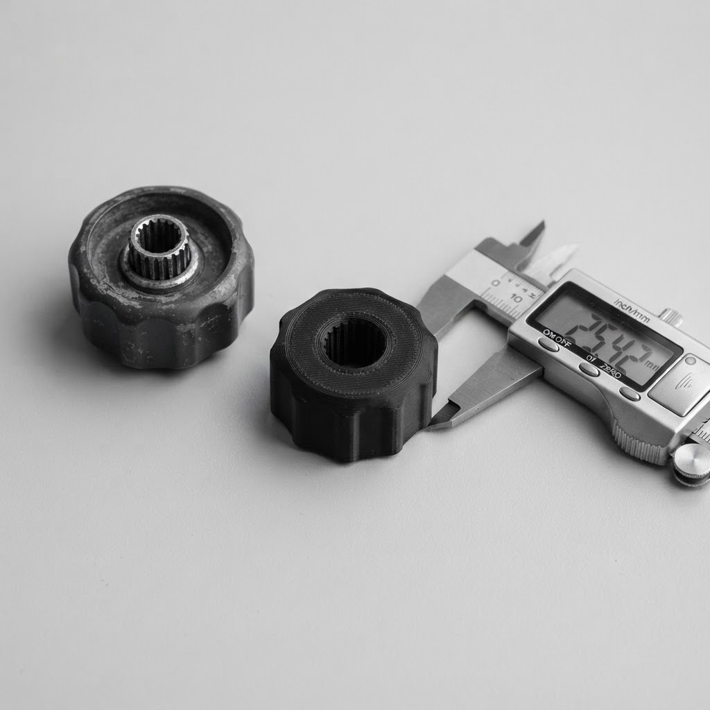 A vintage window-crank knob beside its 3D-printed replica and calipers