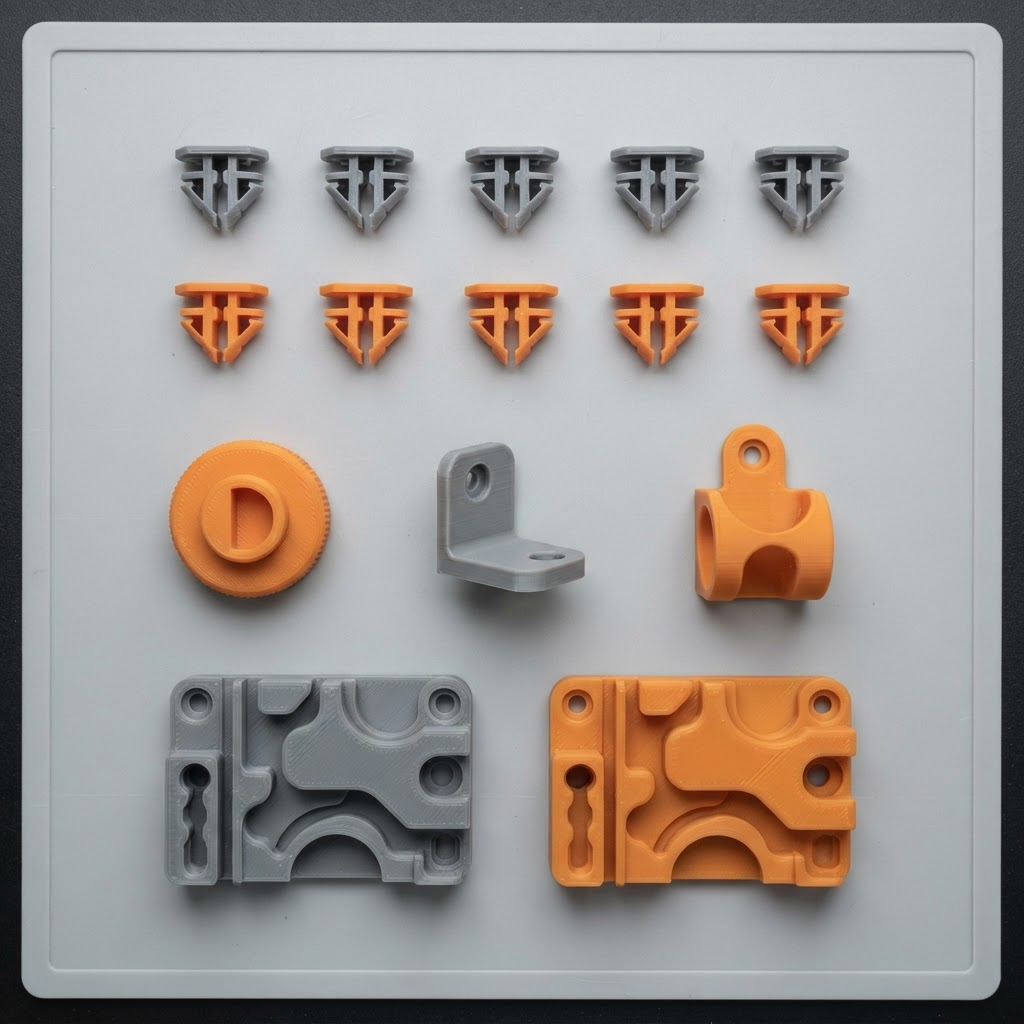 Assorted small 3D printed trim clips, a knob, a bracket, and a jig laid out on a bench